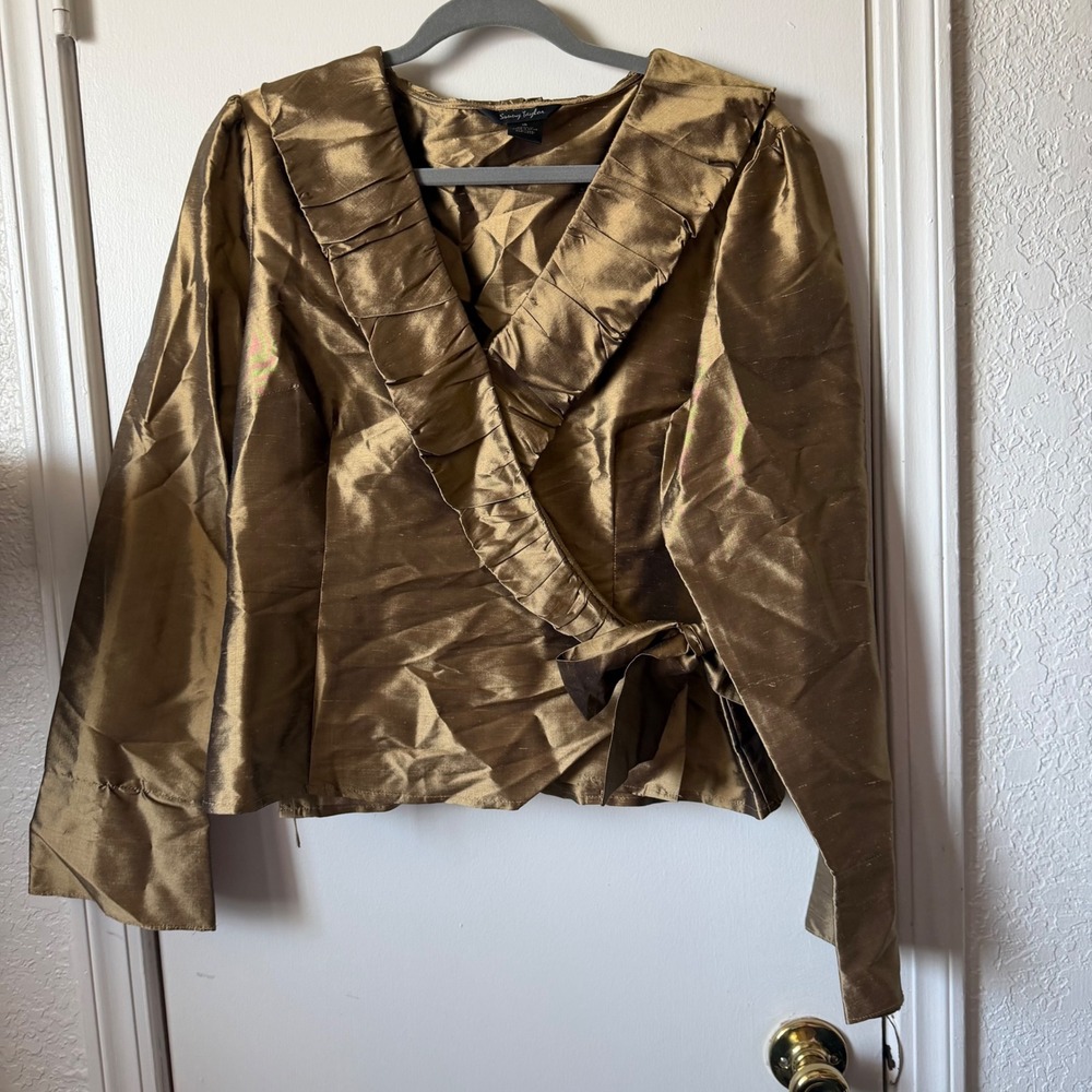 Sunny Taylor 100% Silk Bronze Ruffle Wrap Blouse Metallic Gold Brown Size 16